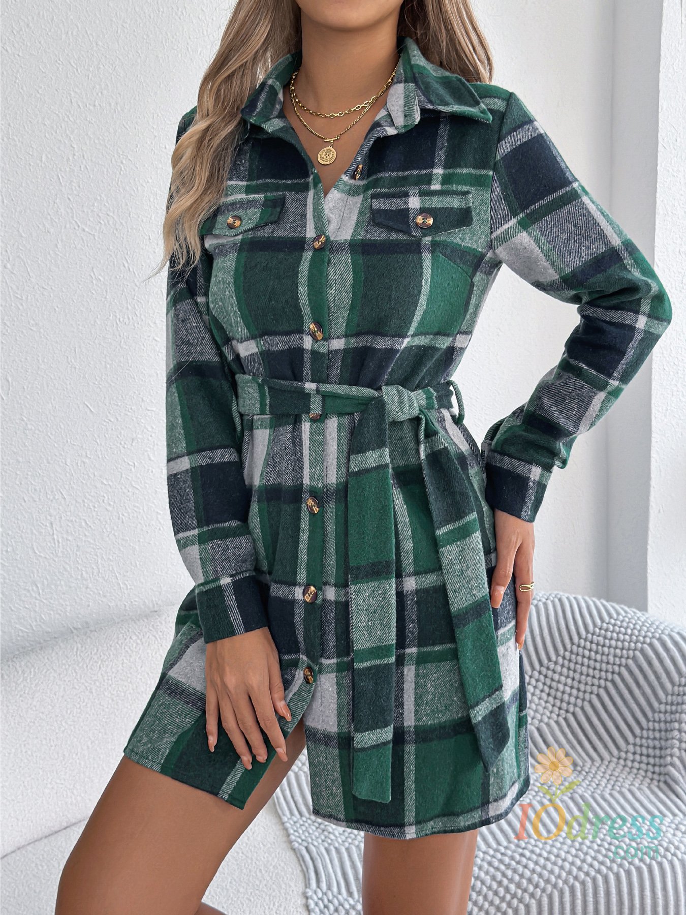 IO Dress Autumn Winter Color Block Plaid Single Breasted Women Dress 2025 Long Sleeved Fake Pocket Jacket Dress with Belt