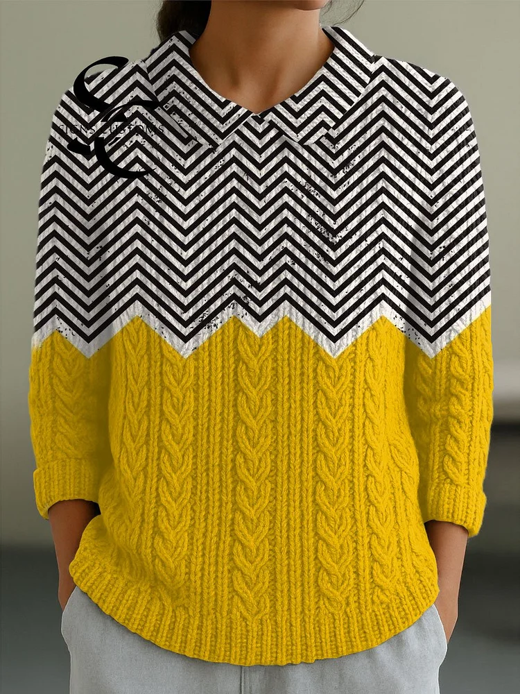 Women's Vintage  Abstract Geometric  Art Print Casual Peter Pan Collar 3/4 Sleeve Sweater