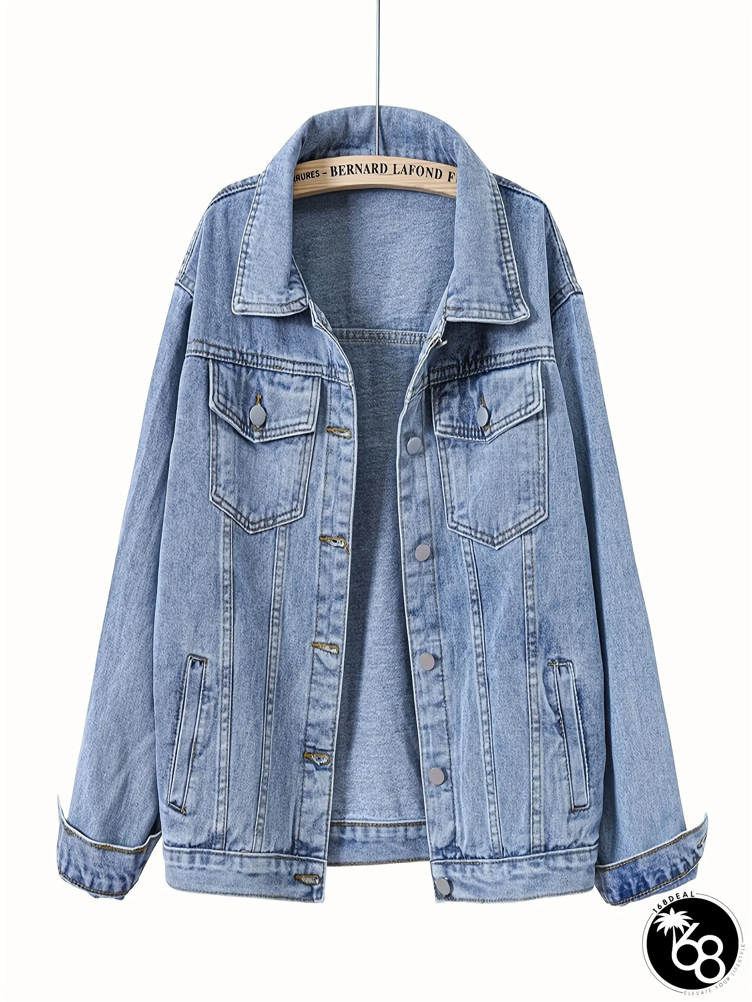 Womens Classic Button-Up Denim Jacket Non-Stretch Washed Blue Jeans Coat with Flap Pockets | 168DEAL