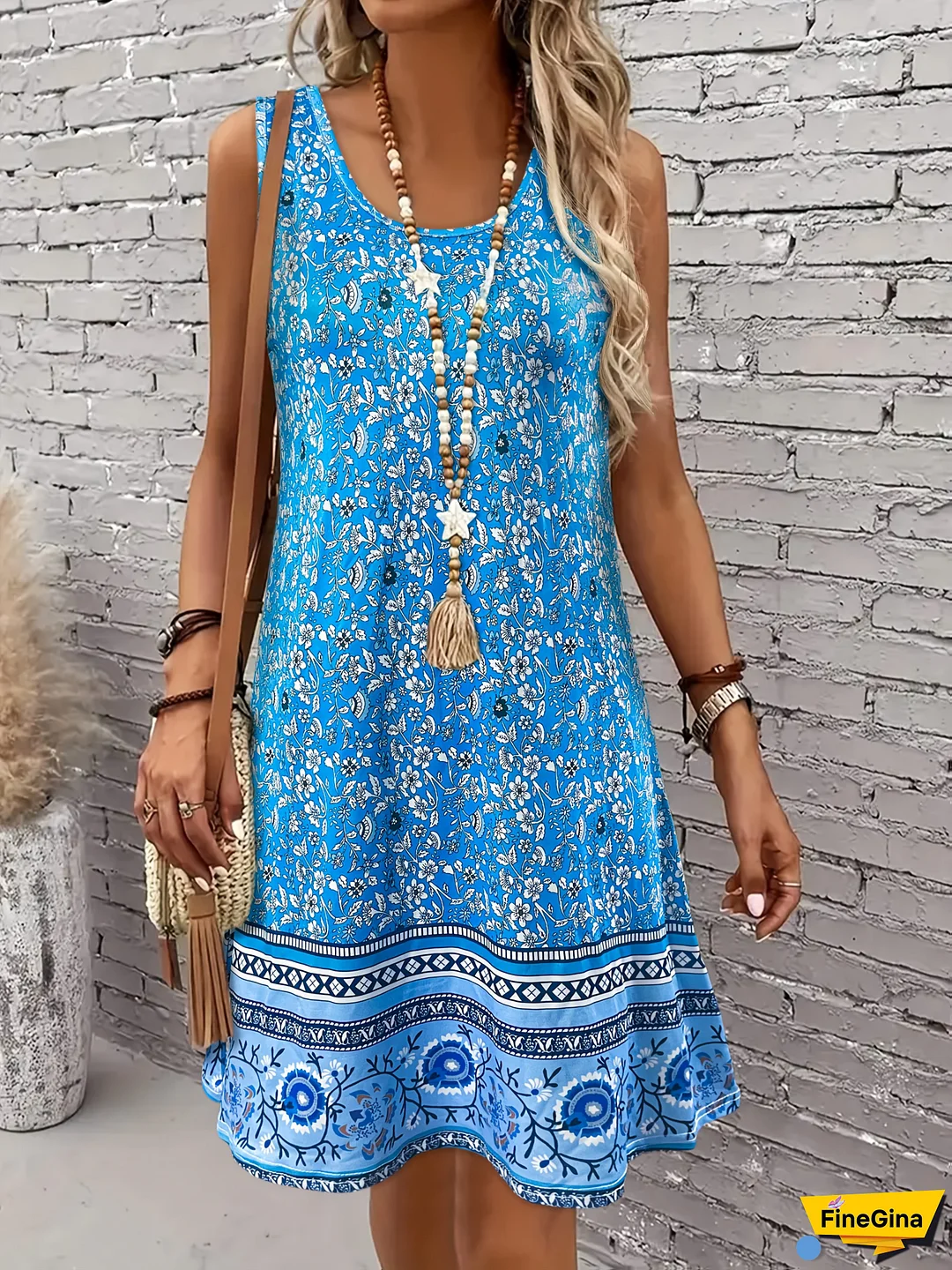 Elegant Women's Sleeveless Floral Print Dress - Light Blue With White & Green Floral Pattern, Round Neck, A-Line Silhouette, Perfect For Spring/Summer Vacations, Casual Elegance | Floral Print Dress | Aline Silhouette, Floral Dress