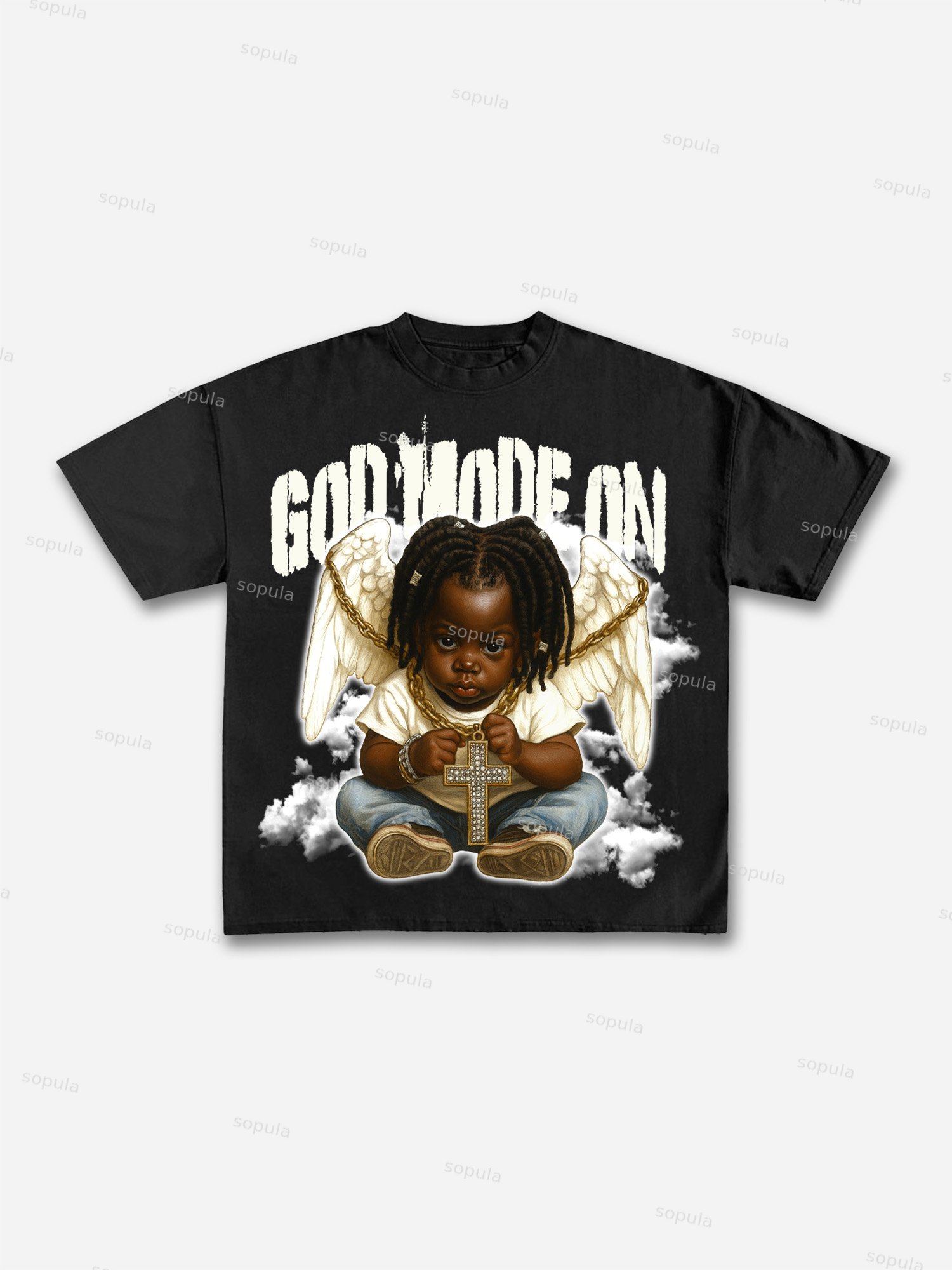 Black Kid Angel God Mode Is On Vintage Graphic Cotton T-shirt
