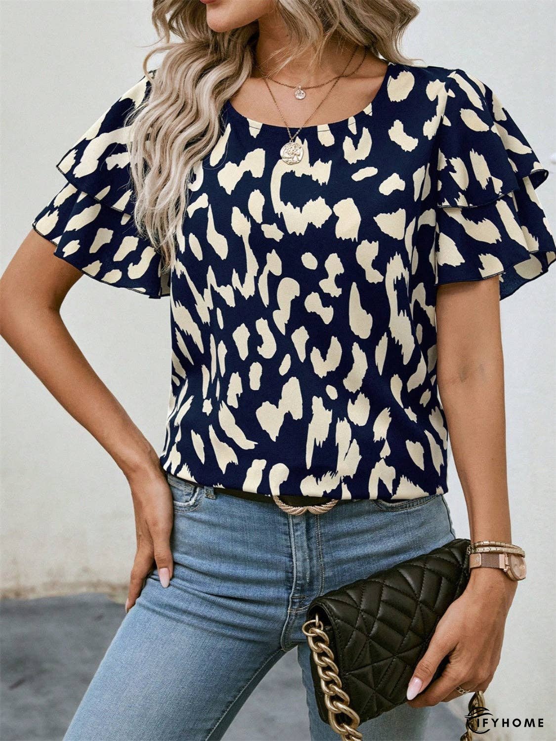 Ruffled Printed Round Neck Short Sleeve Blouse - 5% Spandex | IFYHOME