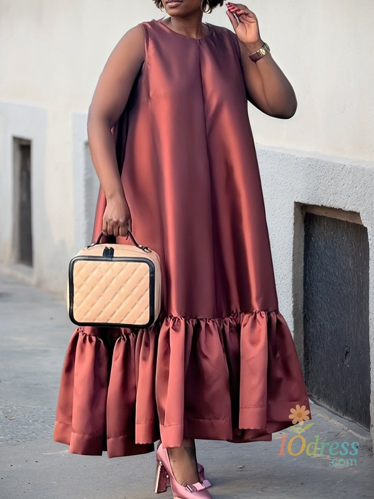 IO Dress Fashion Women Casual Summer Dress 2025 Sleeveless Round Neck Ruffle Hem Loose Vintage Afican Satin Party Evening Dresses