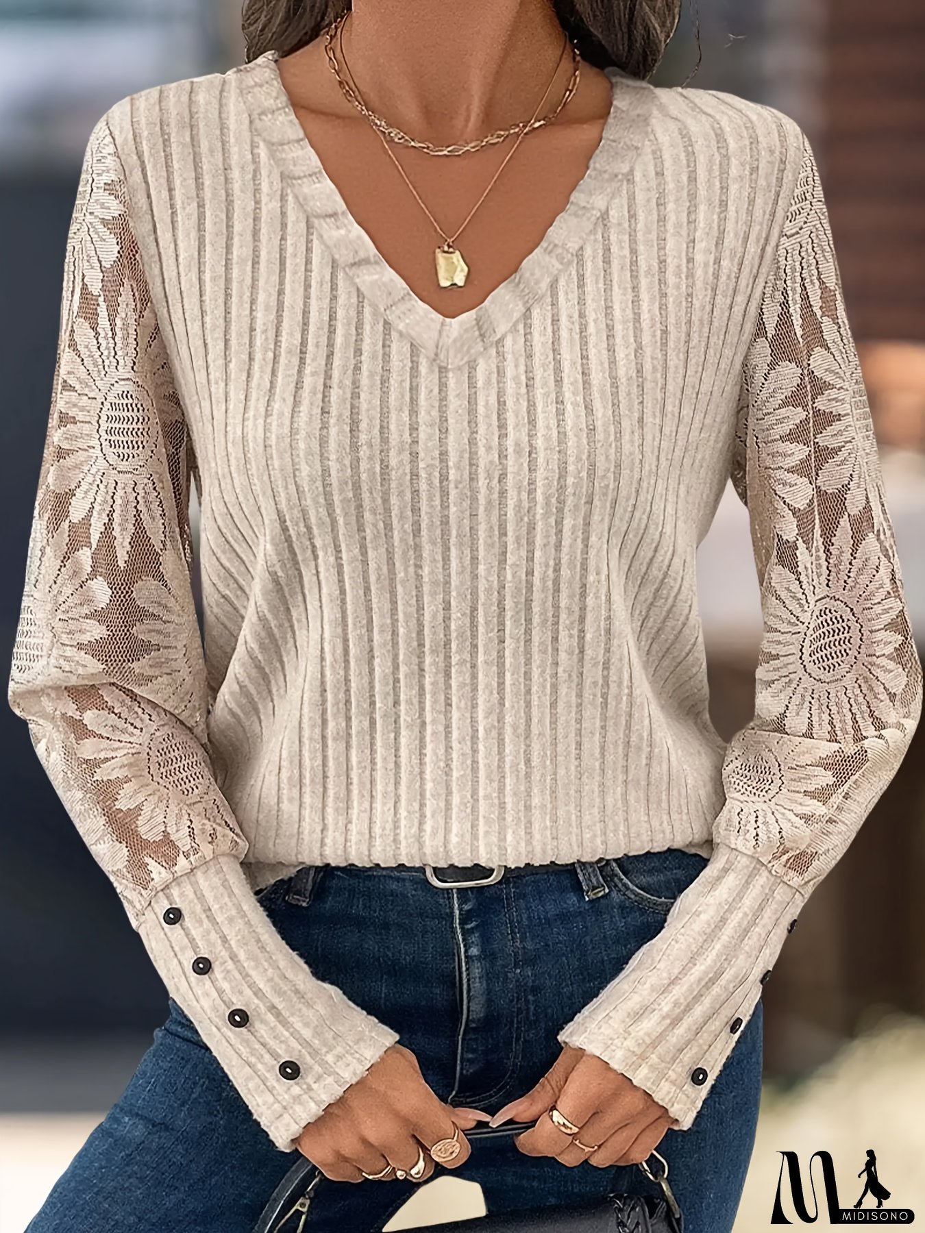 Women&lsquo;s Ribbed V-Neck Long Sleeve T-Shirt with Contrast Mesh Detail - Casual Button-Up Top, Beige, Fall/Winter Collection, Casual Wear|Vneck Top|Ribbed Texture