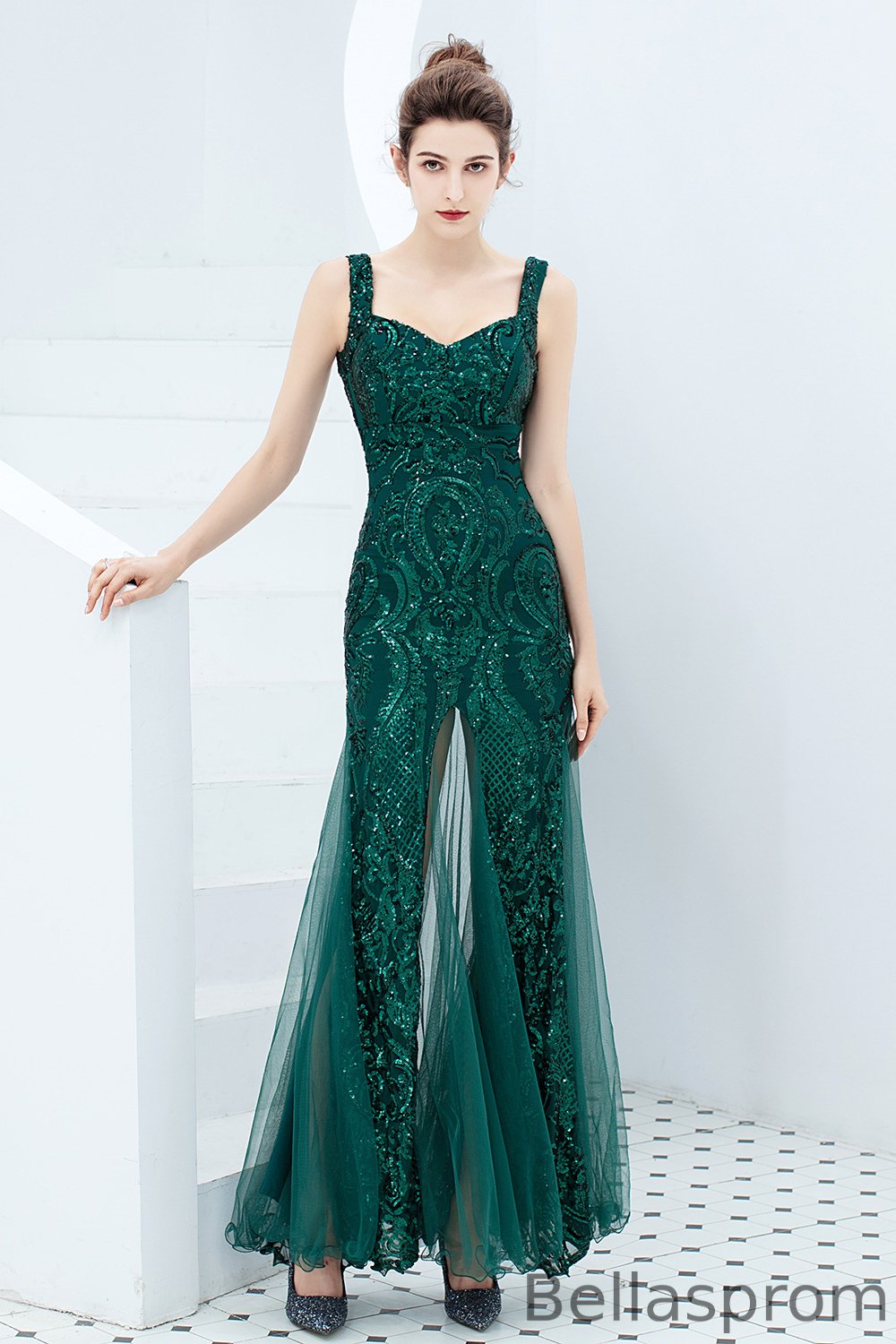 Bellasprom Starps Sequins Evening Gown Mermaid Sleeveless Slit Front YE0103 Bellasprom