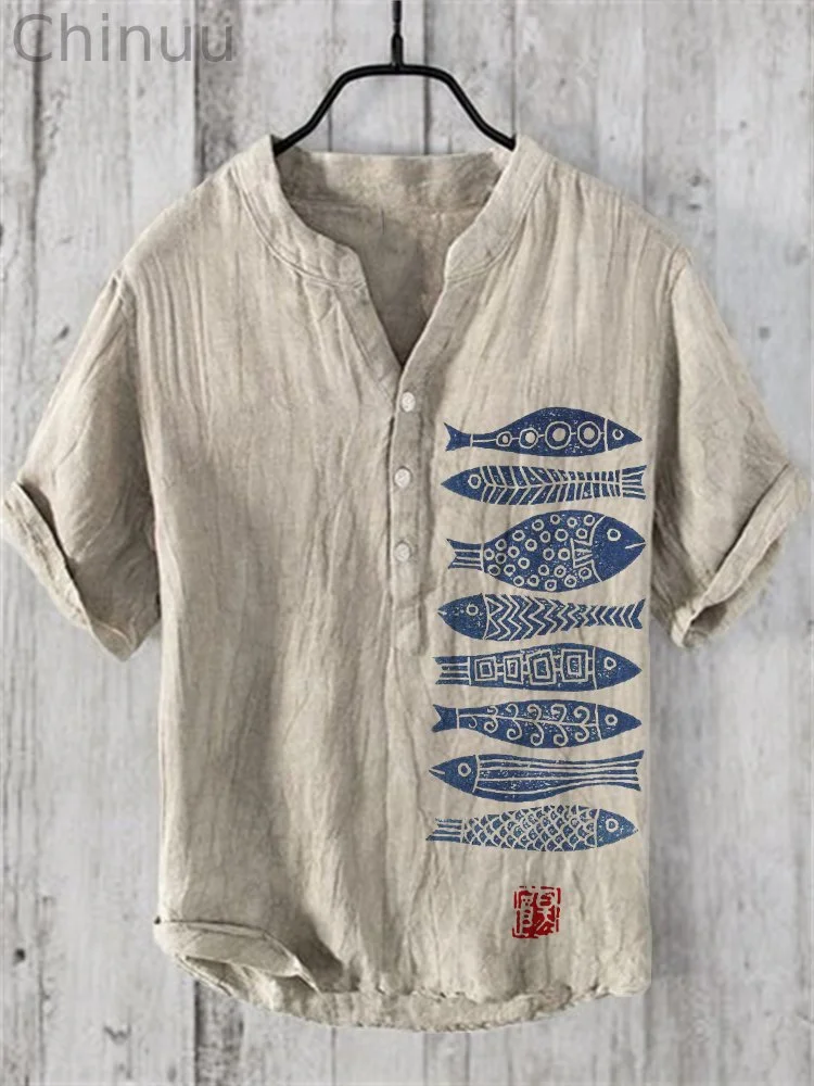 Fish Japanese Lino Art Vintage Linen Blend Shirt