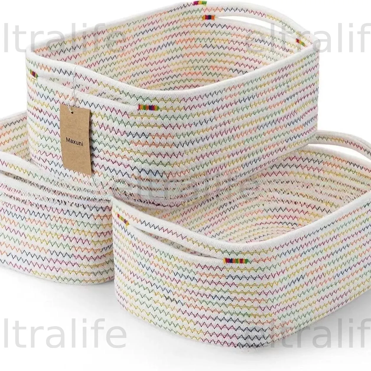 Pack of 3, Wardrobe storage basket, fabric basket woven with cotton rope, skin-friendly item organizer basket eltralife