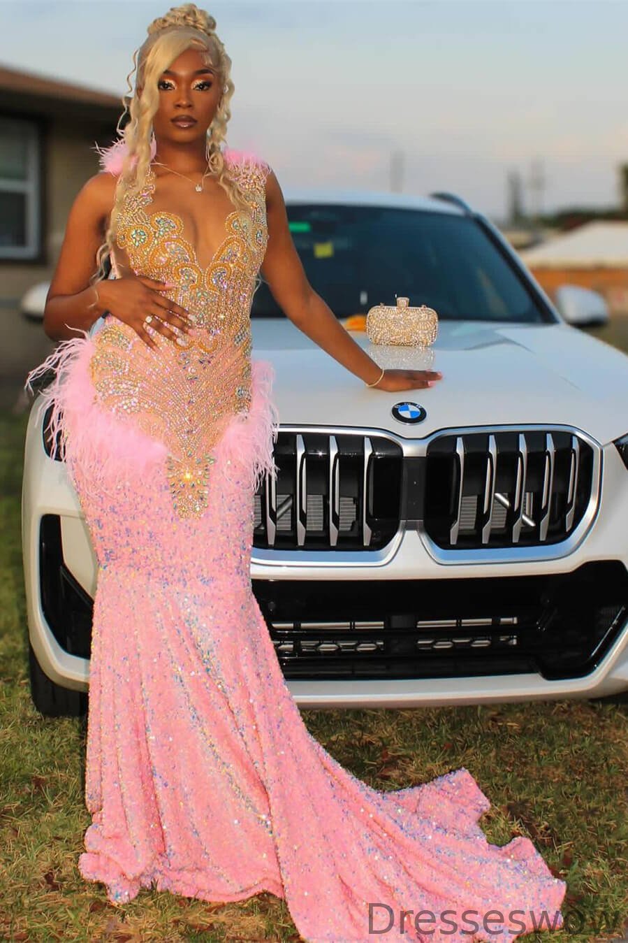 Dresseswow Pink Sequins Mermaid Prom Dress Long With Beadings Feathers