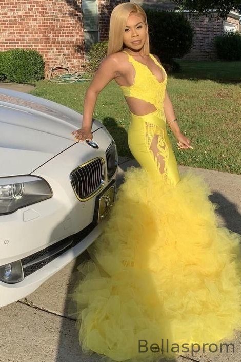 Bellasprom Yellow Mermaid Lace Prom Dress With Ruffles Sleeveless Bellasprom