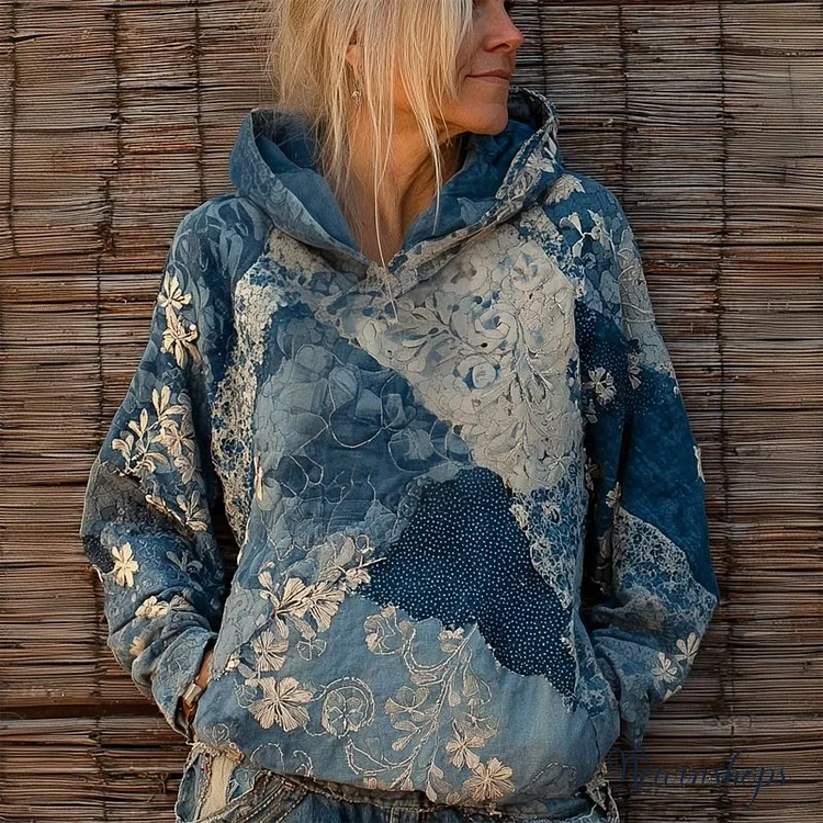 Vintage Boho Floral Embroidered Patchwork Comfy Hoodie