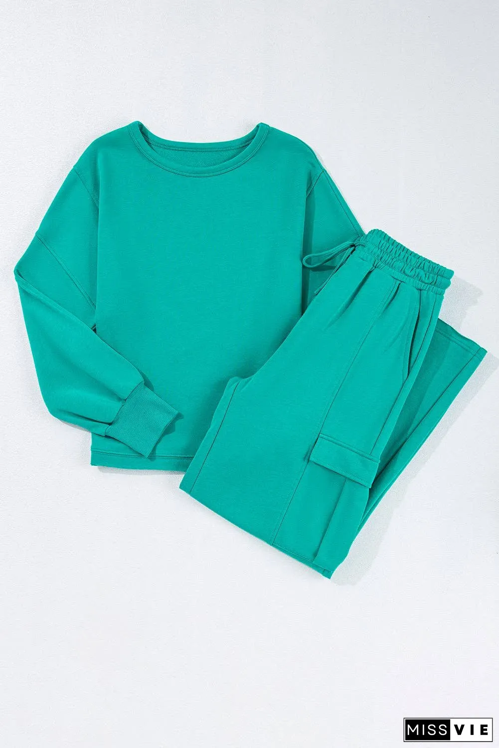 Solid Color Pullover Top and Cargo Pants Set