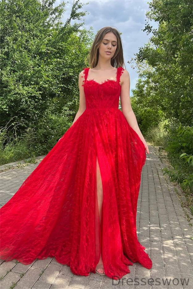 Dresseswow Red Straps Lace Prom Dress Long A-Line With Slit