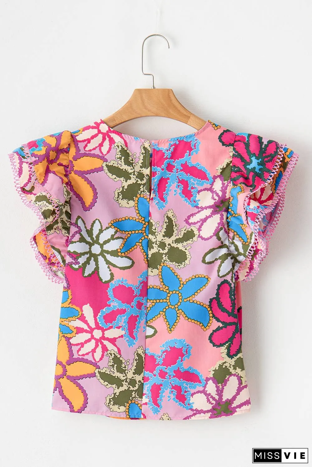 Vibrant Floral Print Trimmed Ruffle Sleeve Blouse