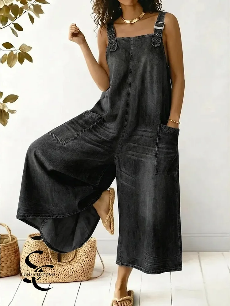 Women's Casual Denim Cotton Jumpsuit With Adjustable Straps