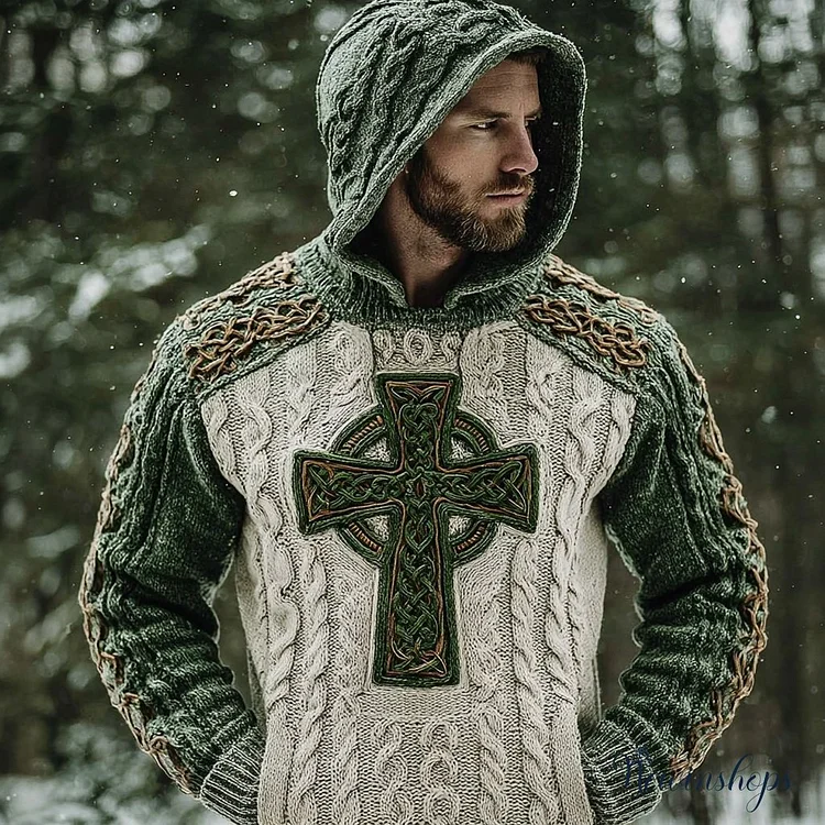 Men's Vintage Irish Celtic Cross Knit Chunky Hooded Sweater