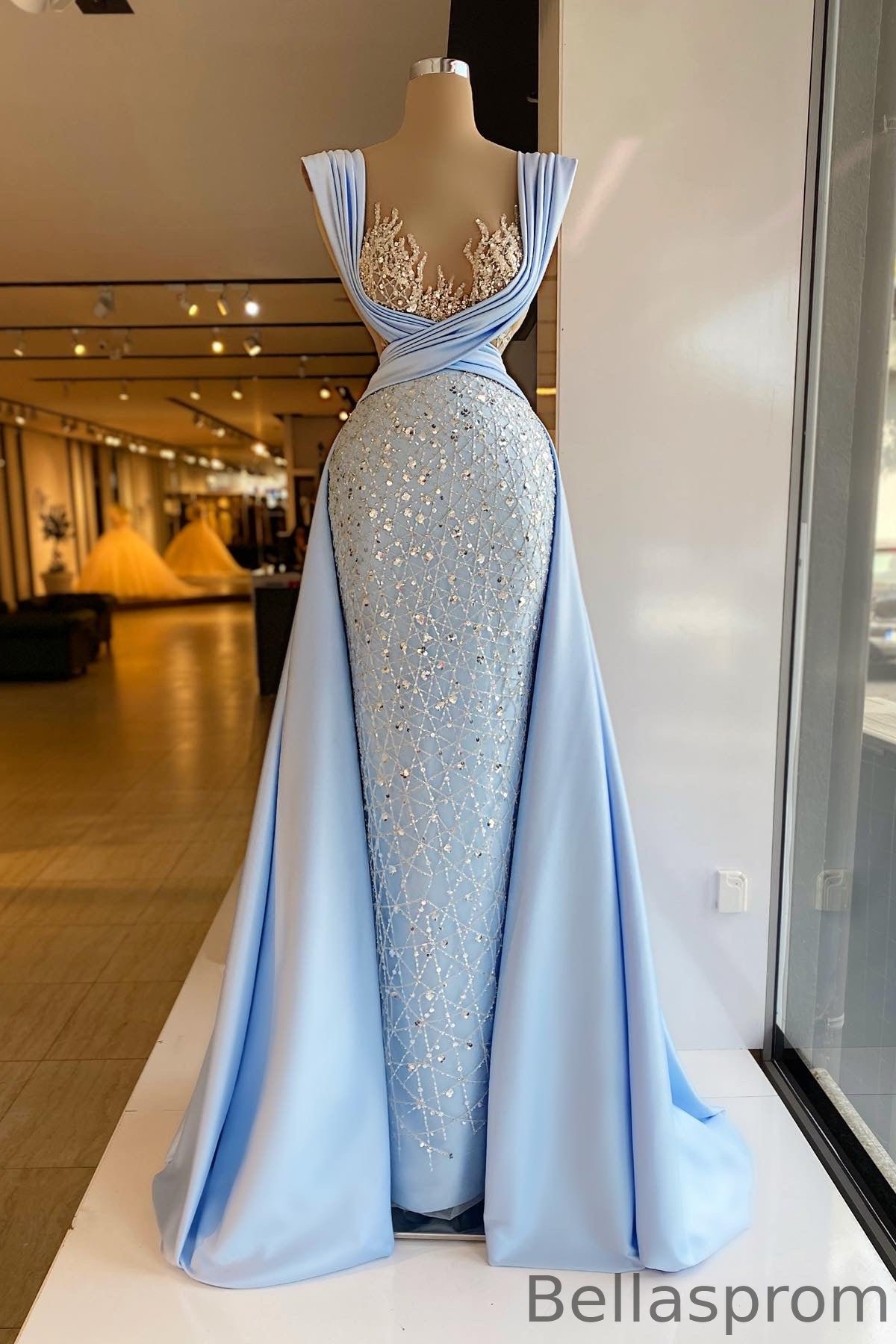 Bellasprom Sky Blue Sleeveless Mermaid Evening Dress Long With Sequins Beads Overskirt Bellasprom