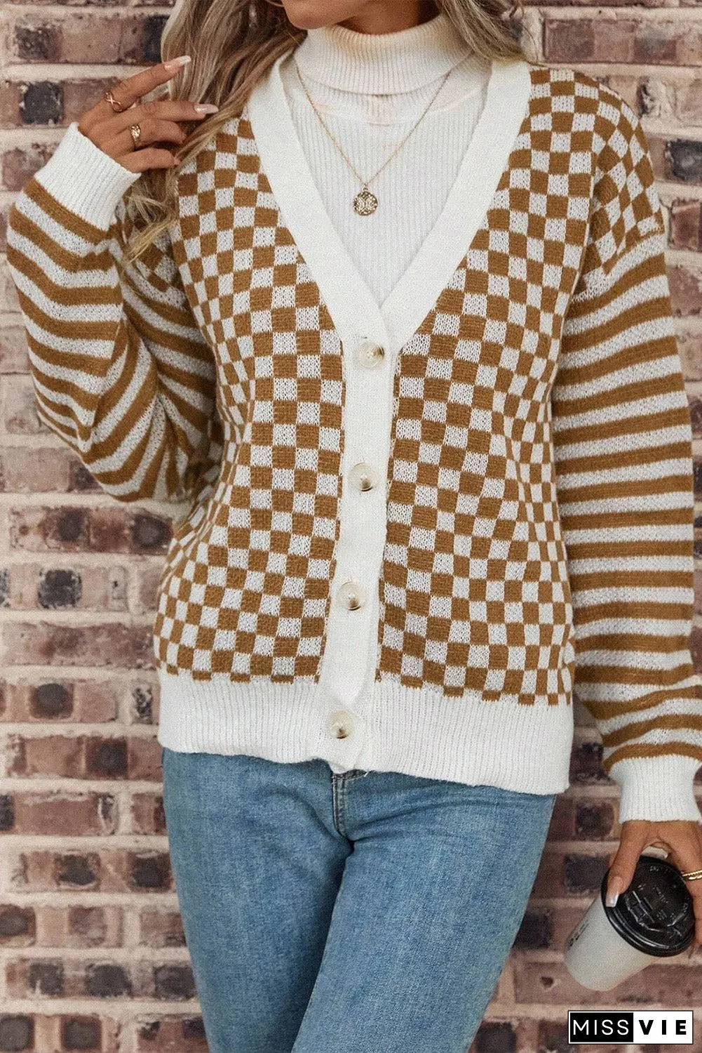 Checkered Striped Patched Buttoned V Neck Cardigan