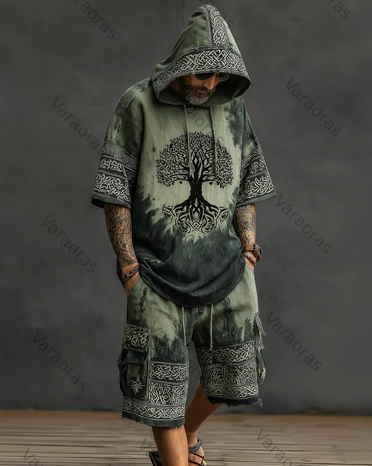 Men's Viking Color-Block Linen Short-sleeved Hooded Top and Pants Two-Piece Set 8383