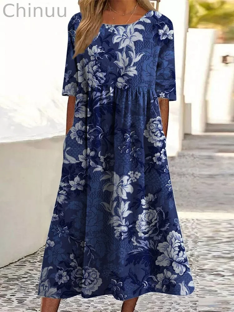 Women's Vintage Floral Art Print Pocket Cotton Dress