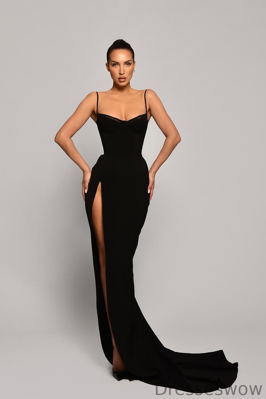 Dresseswow Black Spaghetti-Straps Sleeveless Mermaid Prom Gown With High Split Lace-Up