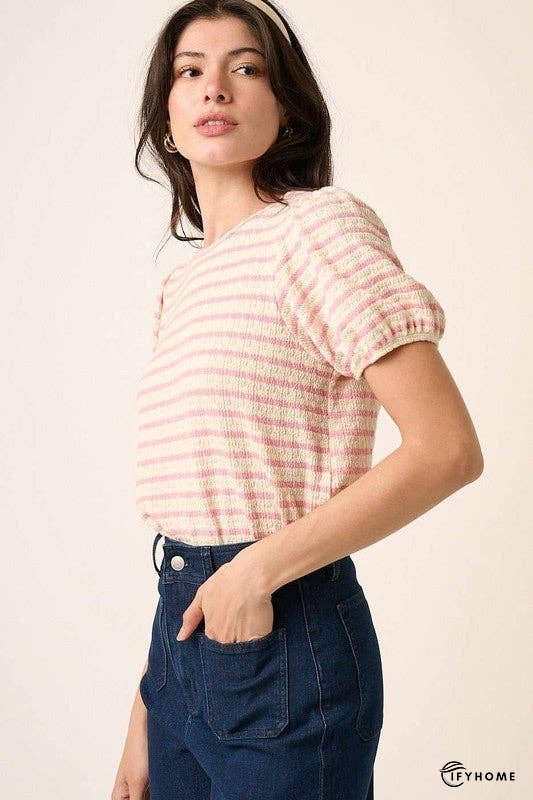 Mittoshop Contrast Striped Short Puff Sleeve Knit Top | IFYHOME
