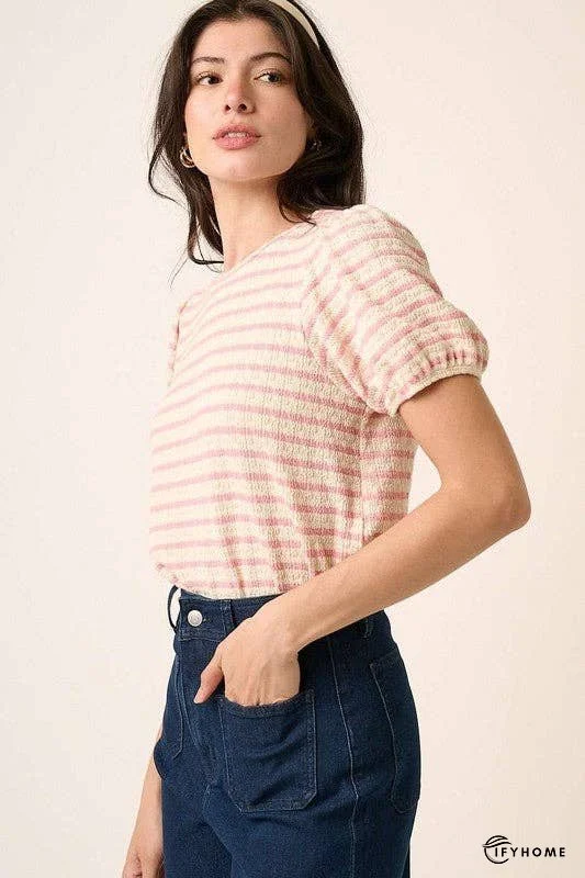 Mittoshop Contrast Striped Short Puff Sleeve Knit Top | IFYHOME