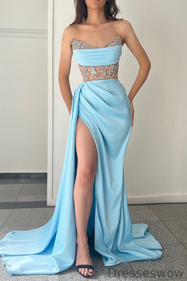 Dresseswow Sweetheart Sky Blue Mermaid Evening Dress High Split WIth Beads
