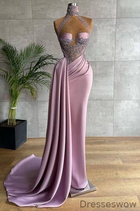 Dresseswow Lilac Halter Mermaid Prom Gown With Beadings Ruffles Sleeveless