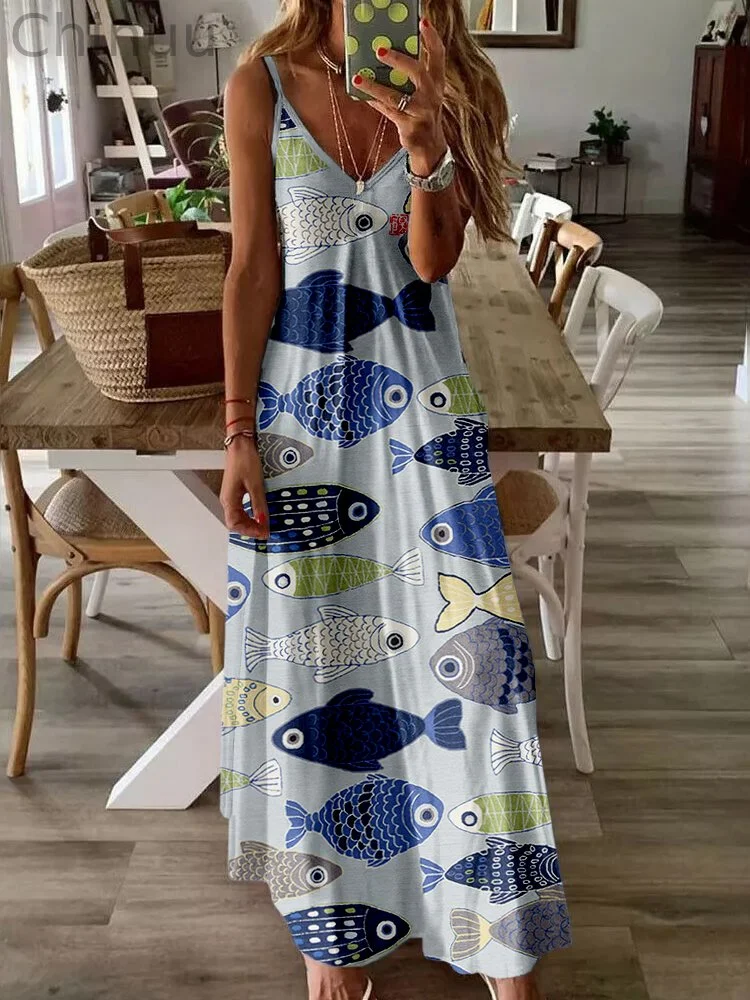 Vintage Fish Japanese Art V Neck Cami Maxi Dress