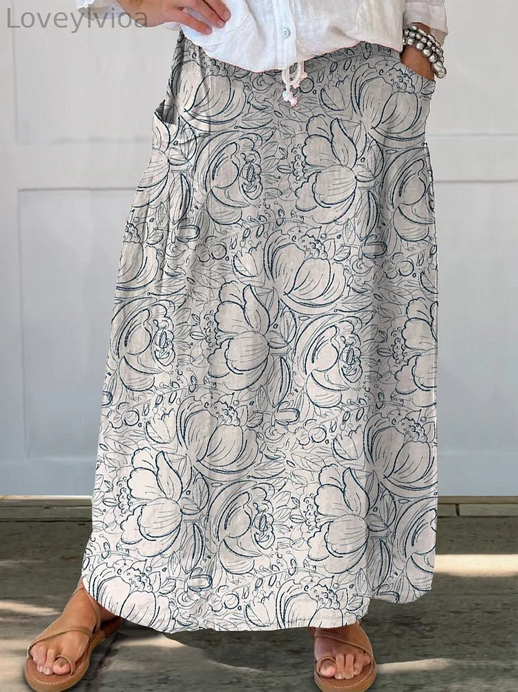 Women's Simple Boho Floral Linen Pocket Skirt
