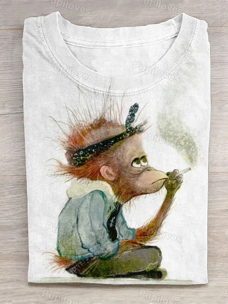 Pupiloves Pupiloves  Monkey Smoking And Thinking About Life Animal Art Pattern Print Design T-shirt