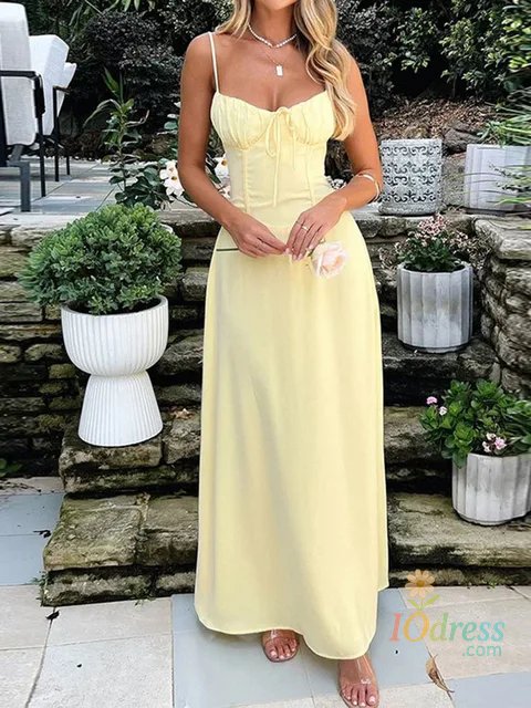 IO Dress Elegant Strappy Backless Long Dress Women's Summer Fashion Round Neck Smocked Solid Color Slim Evening Dress Long Dress