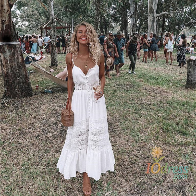 IO Dress Womens Holiday Strappy Button Lace Ladies Summer Beach Midi Swing Sun Dress