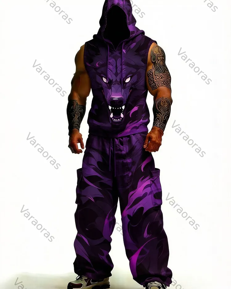Men's Fashion Wolf Embroidery Hooded Sleeveless Top and Pants Two-Piece Set 8988
