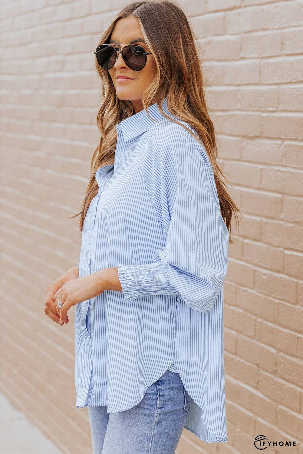 Striped Lantern Sleeve Collared Shirt | IFYHOME