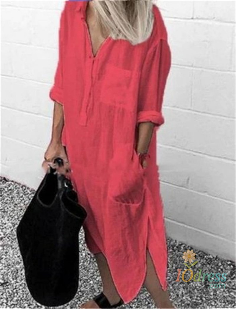 IO Dress 25Plus Size Summer Women's Solid Color Split Dress Elegant Casual Button Pocket V-Neck Long Sleeve Lined Long Lined Dress S-5XL