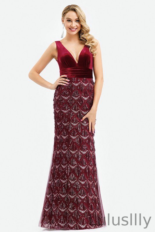 Luxury Burgundy Vlevet V-Neck Mermaid Evening Prom Dress With Tassels - lulusllly
