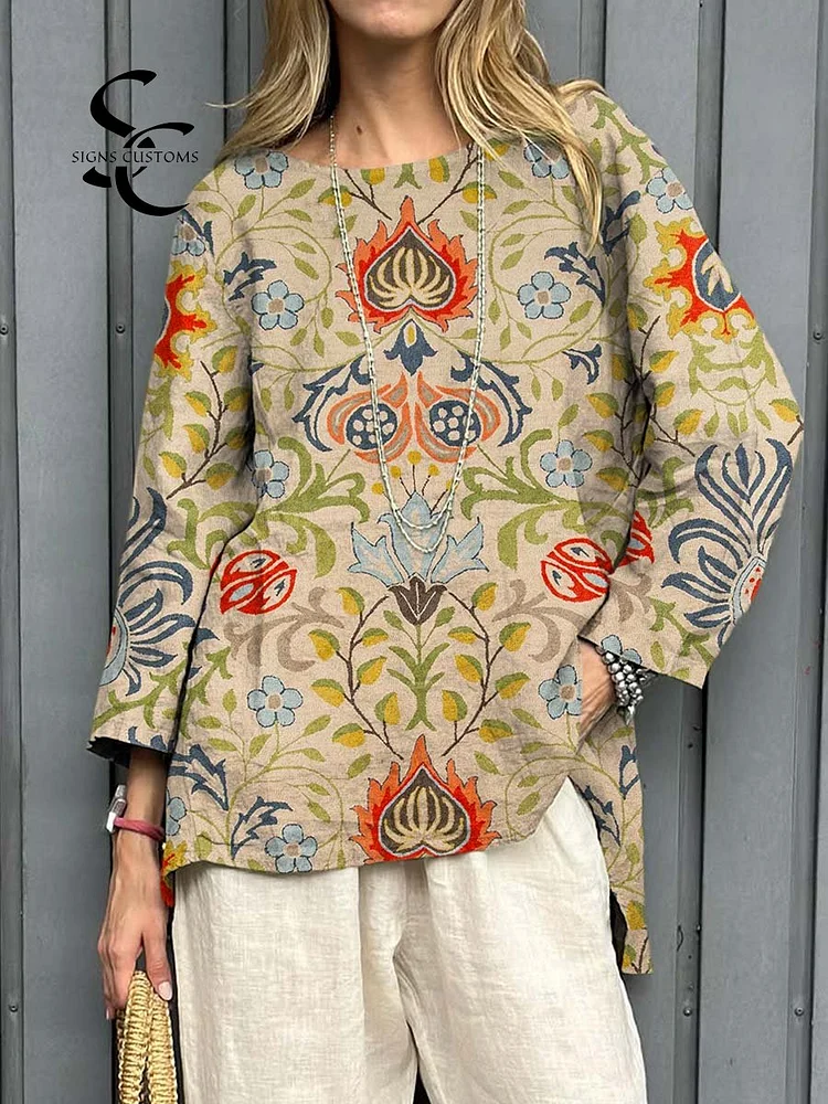 Women's Vintage Floral Art Print Casual Cotton Linen Shirt