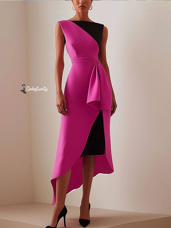 Pink Round Neck Sleeveless Colorblock Midi Dress