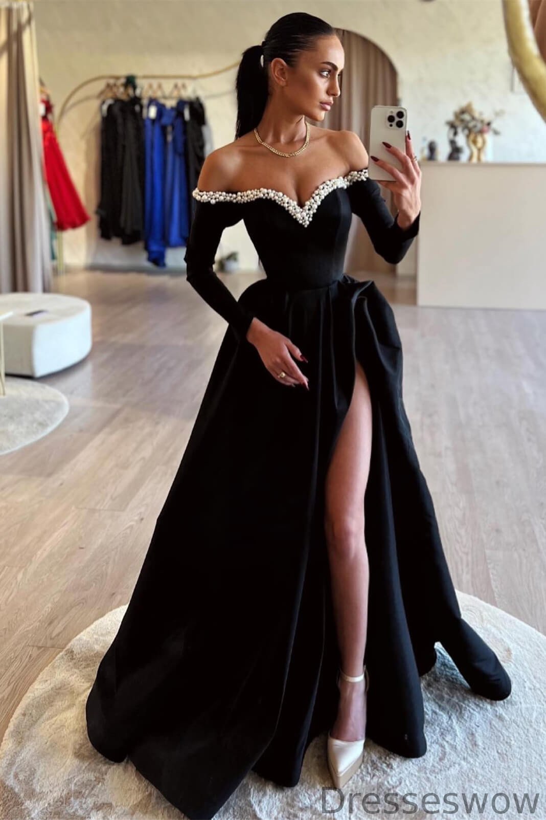 Dresseswow Black Long Sleeves Off-the-Shoulder Evening Dresses High Split With Pearls