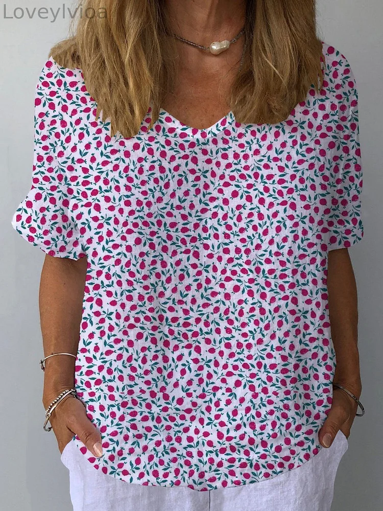 Women's Retro Floral Casual V-Neck Cotton And Linen Top
