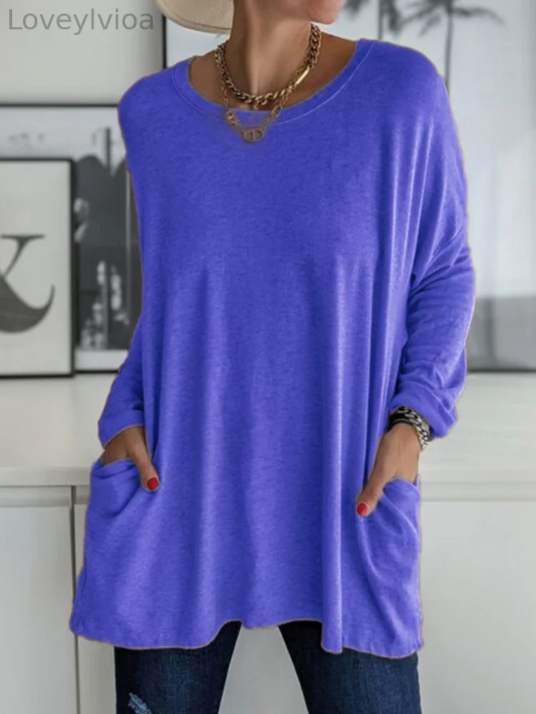 Solid Pocket Round Neck Long Sleeve T Shirt
