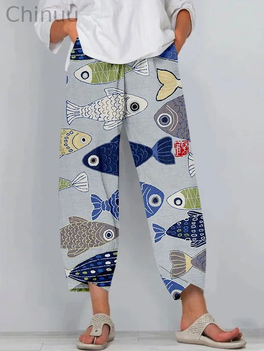 Vintage Fish Japanese Art Linen Blend Cropped Casual Pants
