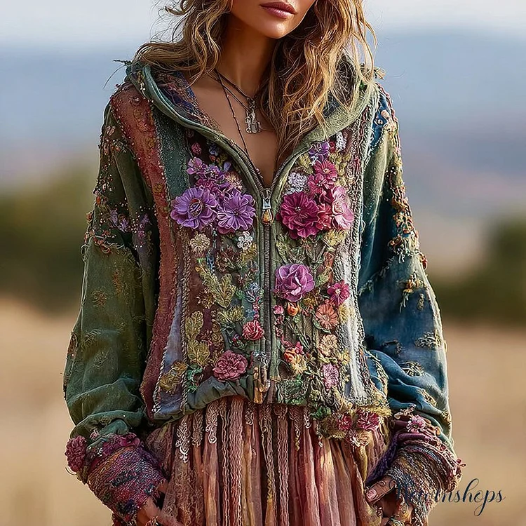 Women's Vintage Floral Pattern Comfortable Warm Zip Hooded Cardigan