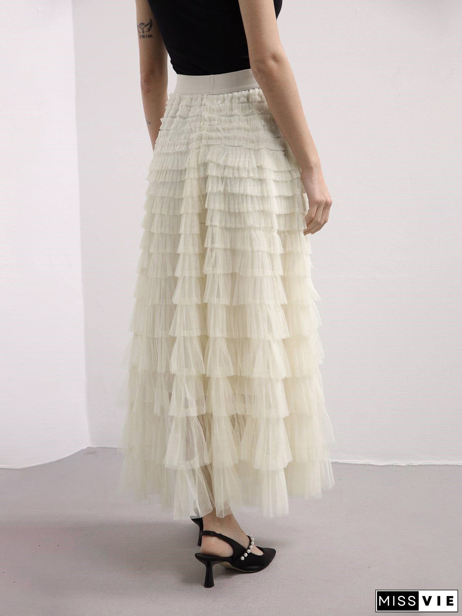 Women's Long Skirt Multilayer Mesh Pleated High Waist High Stretch Elegant Solid Color Cake Skirt