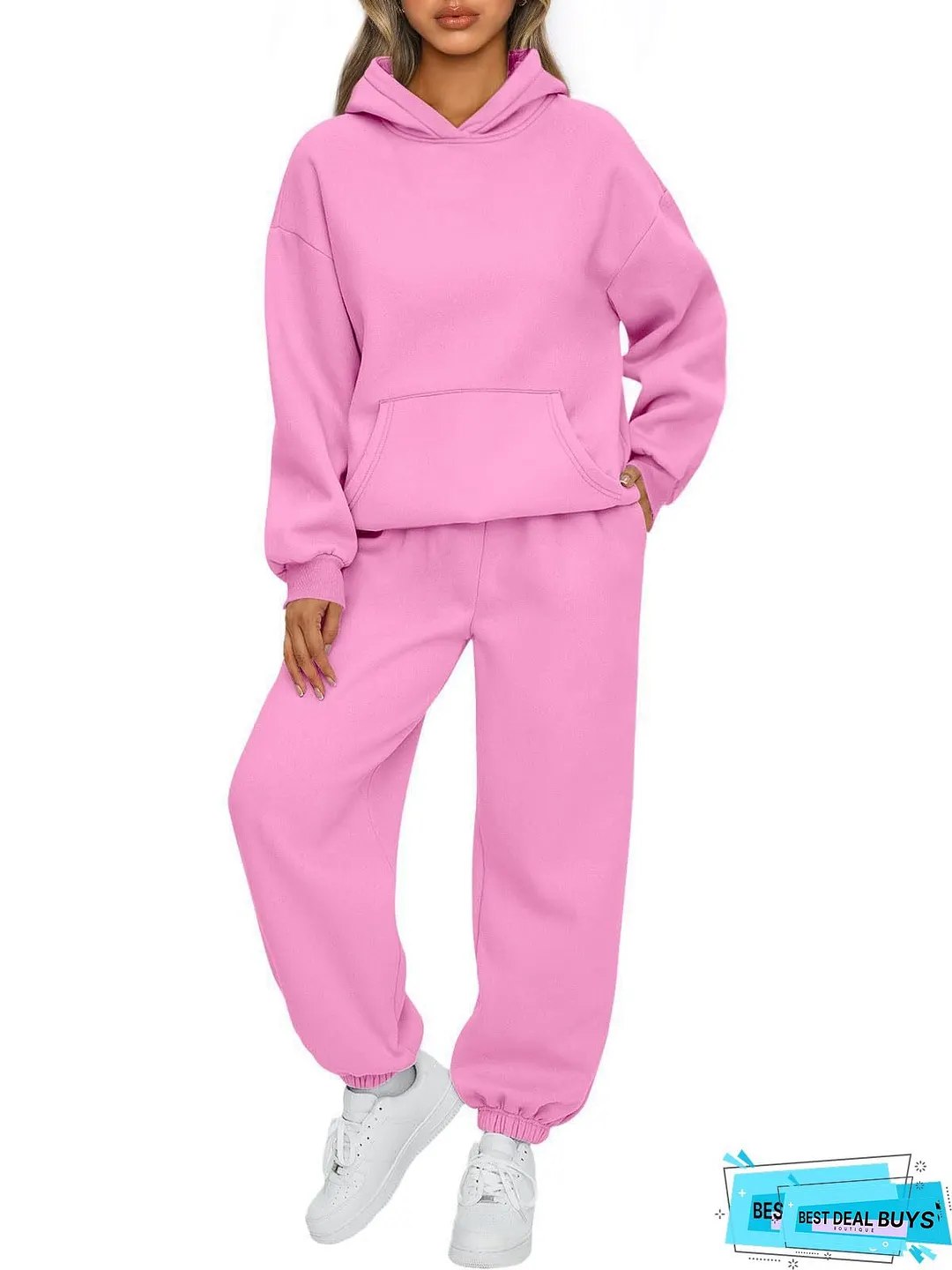 Womens Cozy Fleece Hoodie Jogger Set Black with White Leaf Print Long Sleeve Pullover