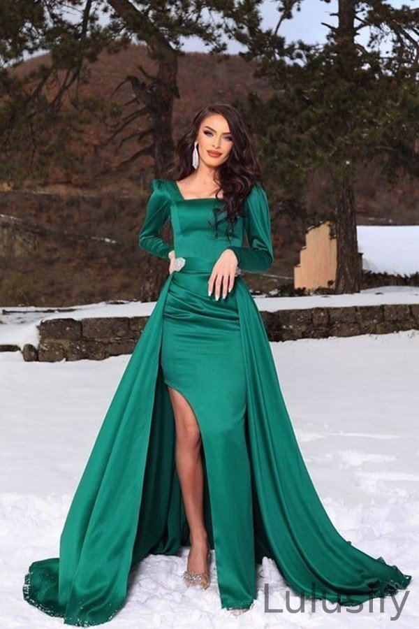 Luluslly Emerald Green Long Sleeves Evening Dress mermaid Split Long