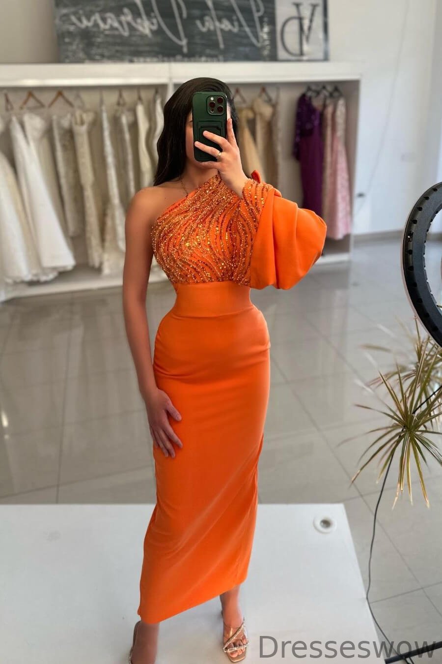 Dresseswow Orange One Shoulder Long Sleeve Mermaid Evening Dress With Sequins Beadings