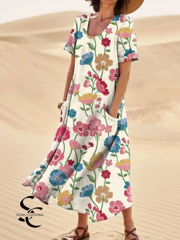 Women's Elegant Floral Artwork Print Casual Linen Pocket Dress