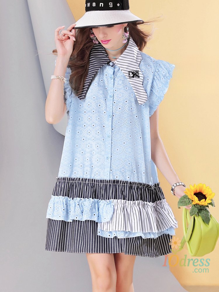 IO Dress Patchwork Ruffle Hem Shirt Dress for Women Summer Sleeveless Loose A-Line Tunic Dress Eyelet Striped Colorblock Cute Style IO Dress